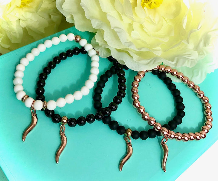 ROSE GOLD Italian Cornicello Charm Bracelet-Gemstone Protection Bracelet-Choice of Gemstones