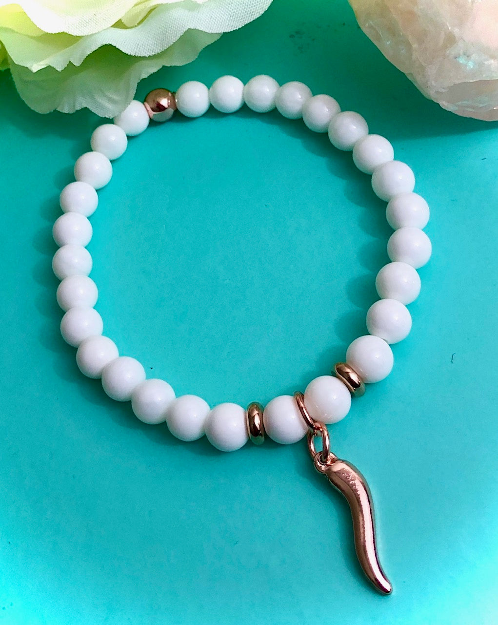 ROSE GOLD Italian Cornicello Charm Bracelet-Gemstone Protection Bracelet-Choice of Gemstones