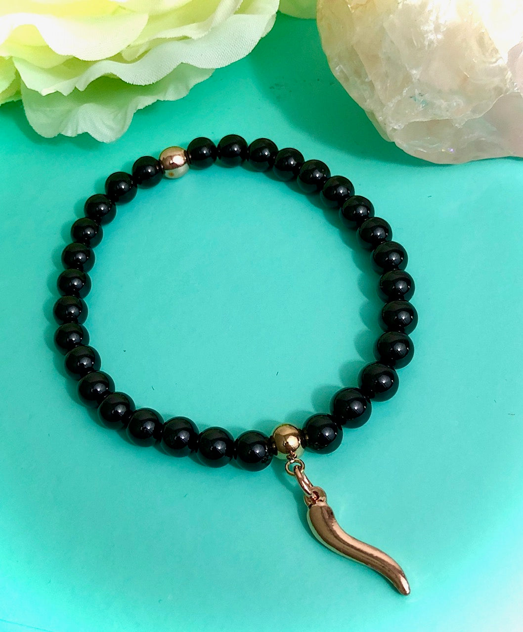 ROSE GOLD Italian Cornicello Charm Bracelet-Gemstone Protection Bracelet-Choice of Gemstones