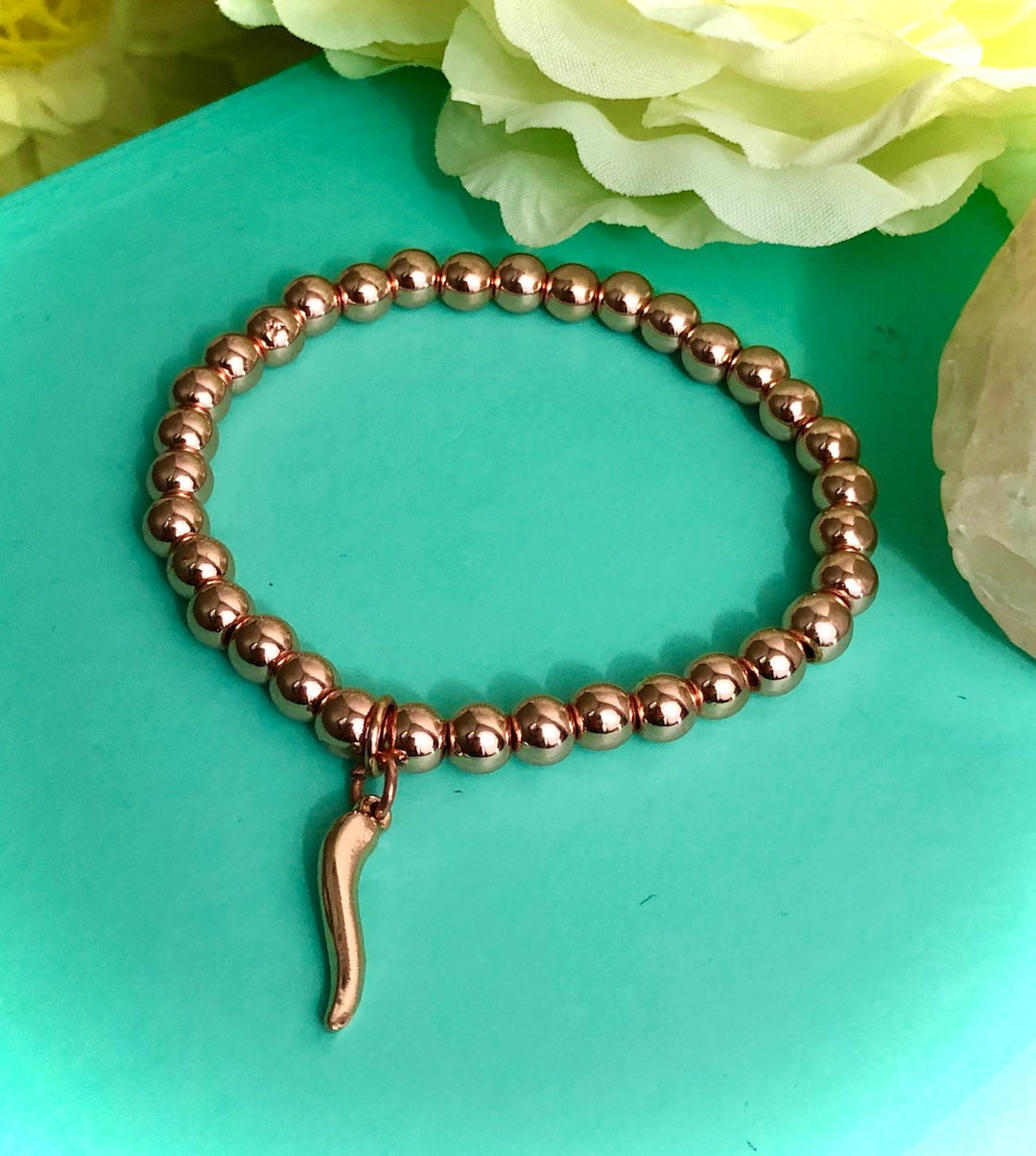 ROSE GOLD Italian Cornicello Charm Bracelet-Gemstone Protection Bracelet-Choice of Gemstones