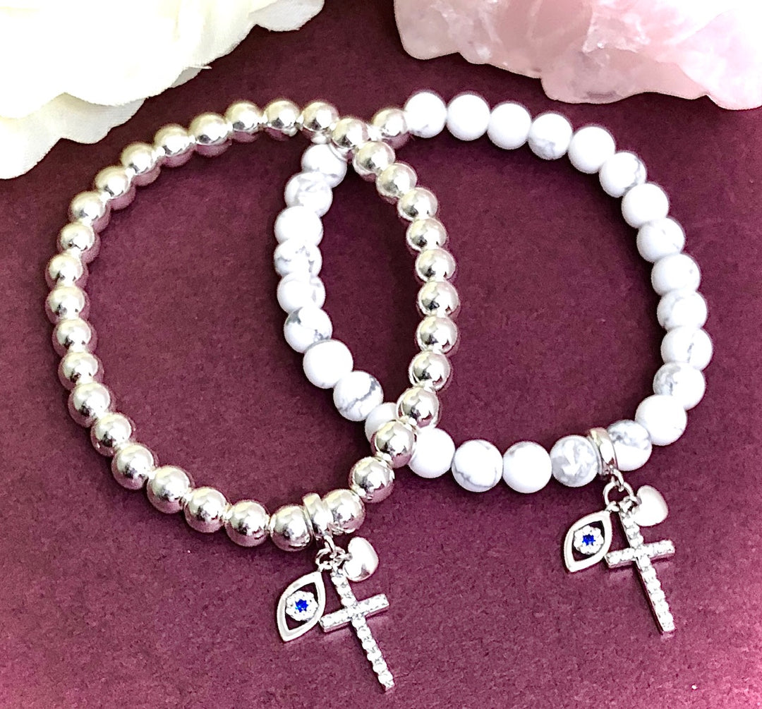 925 Sterling Silver Pavé Triple Charm-Cross, Evil Eye & Heart-Gemstone Bracelet-First Communion-Confirmation-Religious-Choice of Gemstone