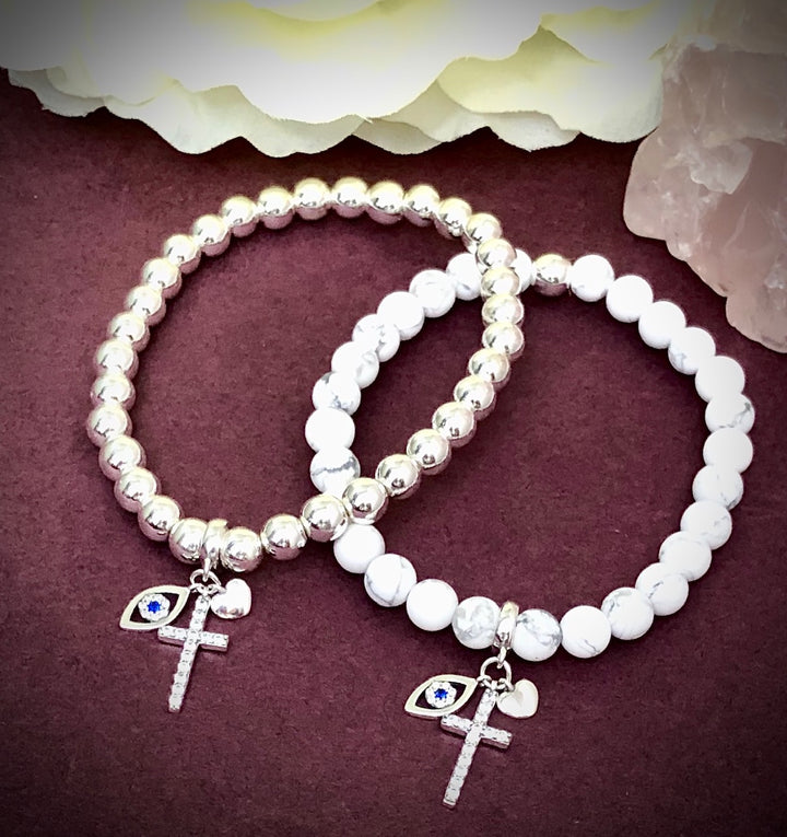 925 Sterling Silver Pavé Triple Charm-Cross, Evil Eye & Heart-Gemstone Bracelet-First Communion-Confirmation-Religious-Choice of Gemstone