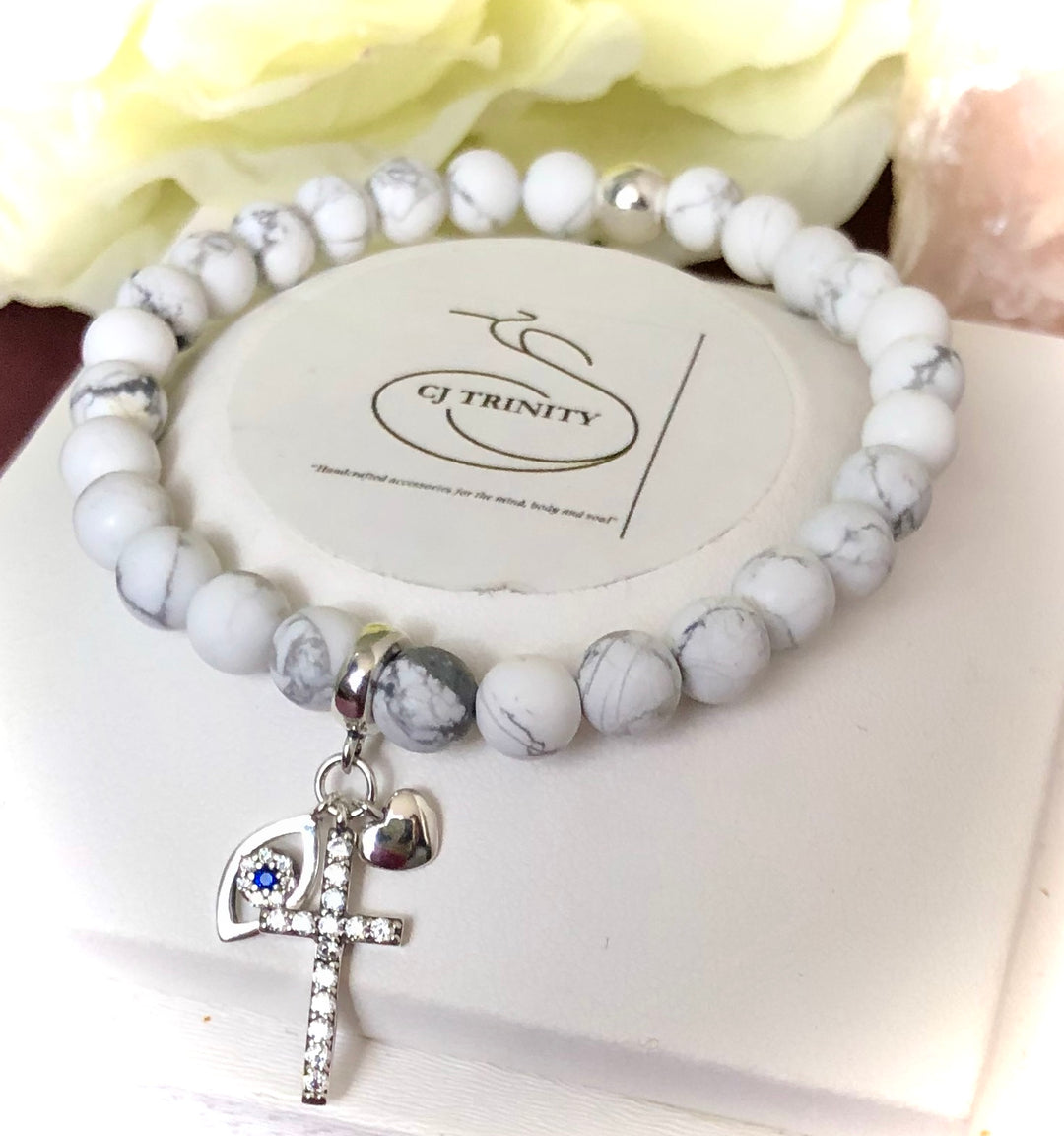 925 Sterling Silver Pavé Triple Charm-Cross, Evil Eye & Heart-Gemstone Bracelet-First Communion-Confirmation-Religious-Choice of Gemstone