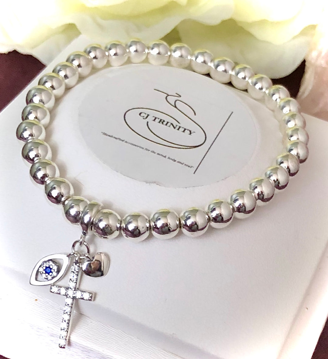 925 Sterling Silver Pavé Triple Charm-Cross, Evil Eye & Heart-Gemstone Bracelet-First Communion-Confirmation-Religious-Choice of Gemstone