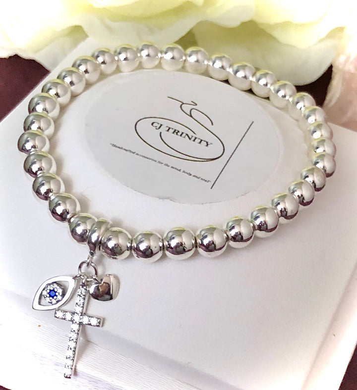 925 Sterling Silver Pavé Triple Charm-Cross, Evil Eye & Heart-Gemstone Bracelet-First Communion-Confirmation-Religious-Choice of Gemstone