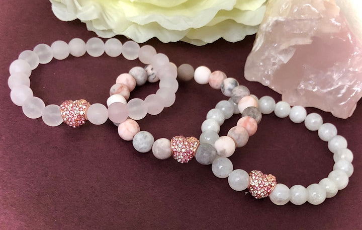 'SPARKLE WITH ALL YOUR HEART'- Rose Gold Pavé HEART & Gemstone Bracelet-Choice of Gemstone