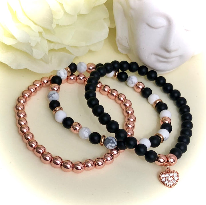 Triple Stack Pavé Heart - Charm Bracelet Set - Choice of Silver or Rose Gold