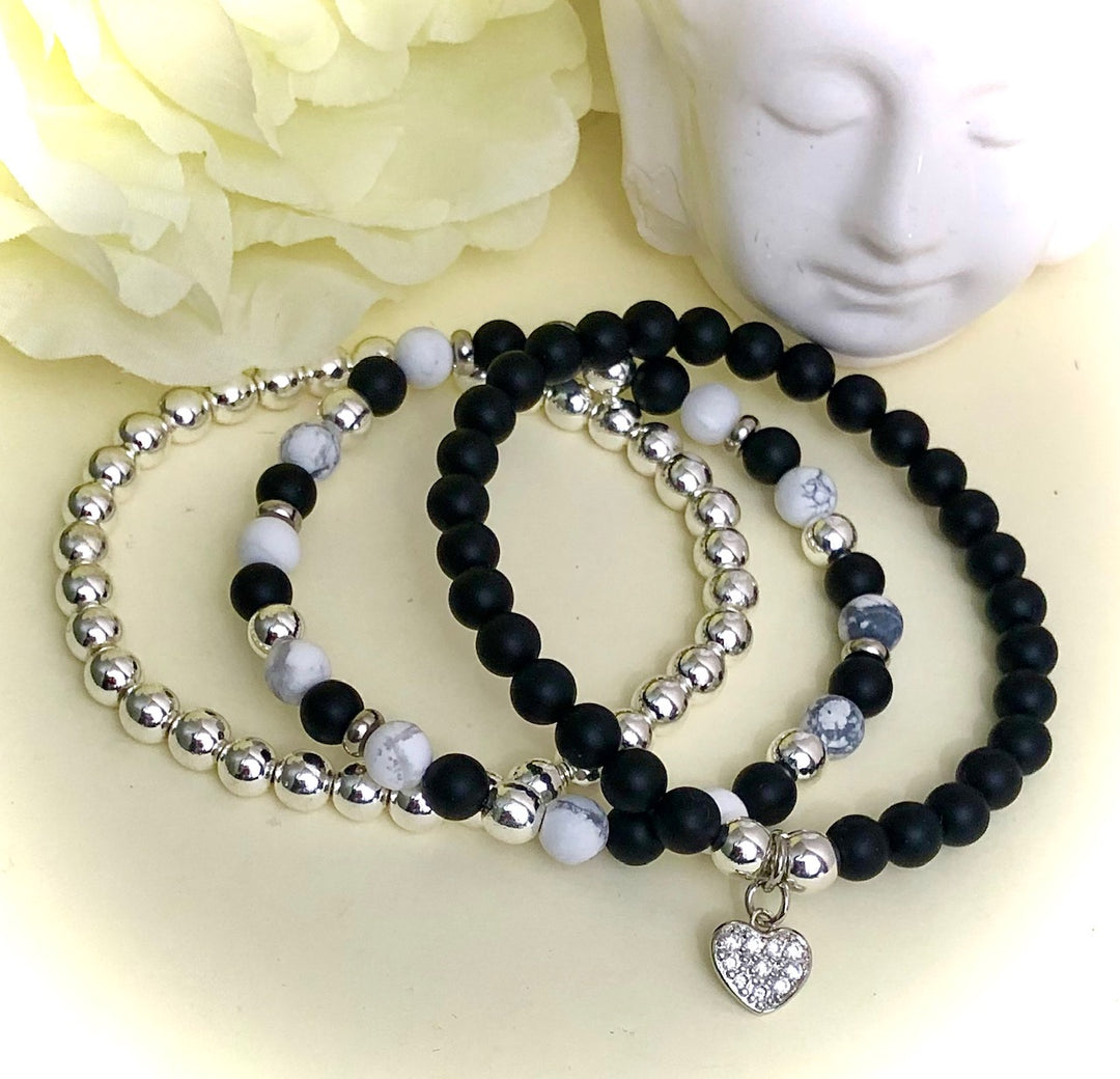 Triple Stack Pavé Heart - Charm Bracelet Set - Choice of Silver or Rose Gold