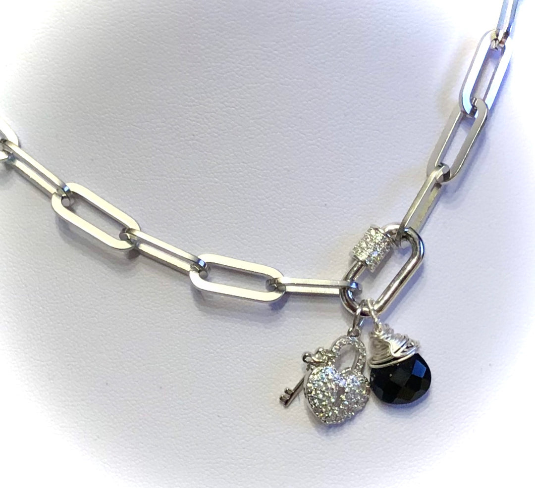 SILVER PAVÉ CARABINER CLASP NECKLACE - Paperclip Chain-Rectangle Link-Screw Clasp-Stainless Steel