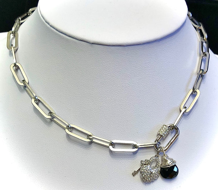 SILVER PAVÉ CARABINER CLASP NECKLACE - Paperclip Chain-Rectangle Link-Screw Clasp-Stainless Steel