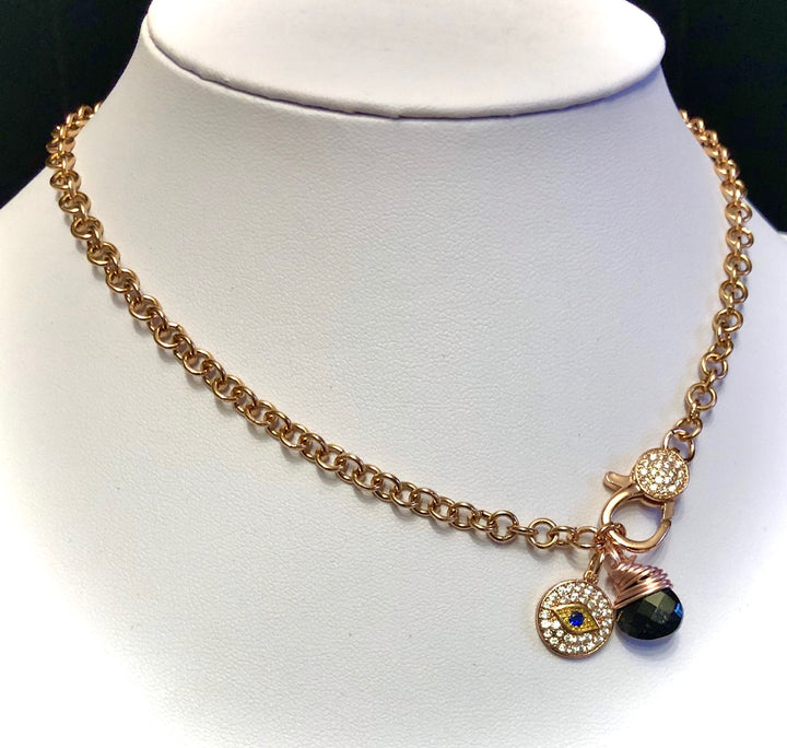 ROSE GOLD PAVÉ LOBSTER CLASP NECKLACE-EVIL EYE PROTECTION-Circle Link Chain - Stainless Steel Chain - Black Tourmaline
