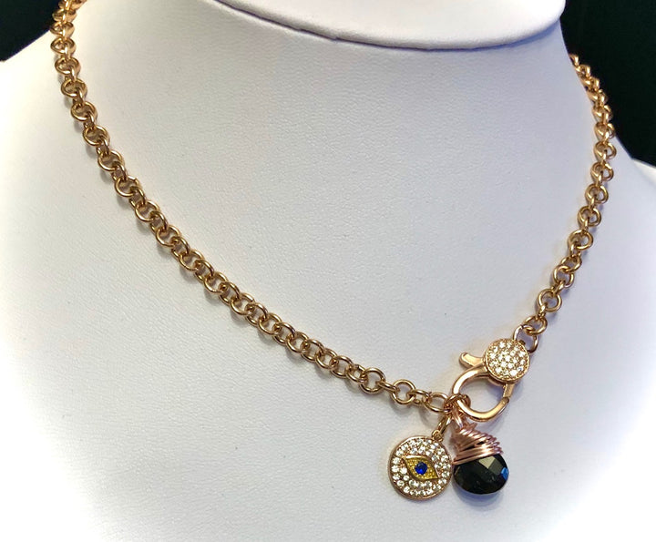 ROSE GOLD PAVÉ LOBSTER CLASP NECKLACE-EVIL EYE PROTECTION-Circle Link Chain - Stainless Steel Chain - Black Tourmaline