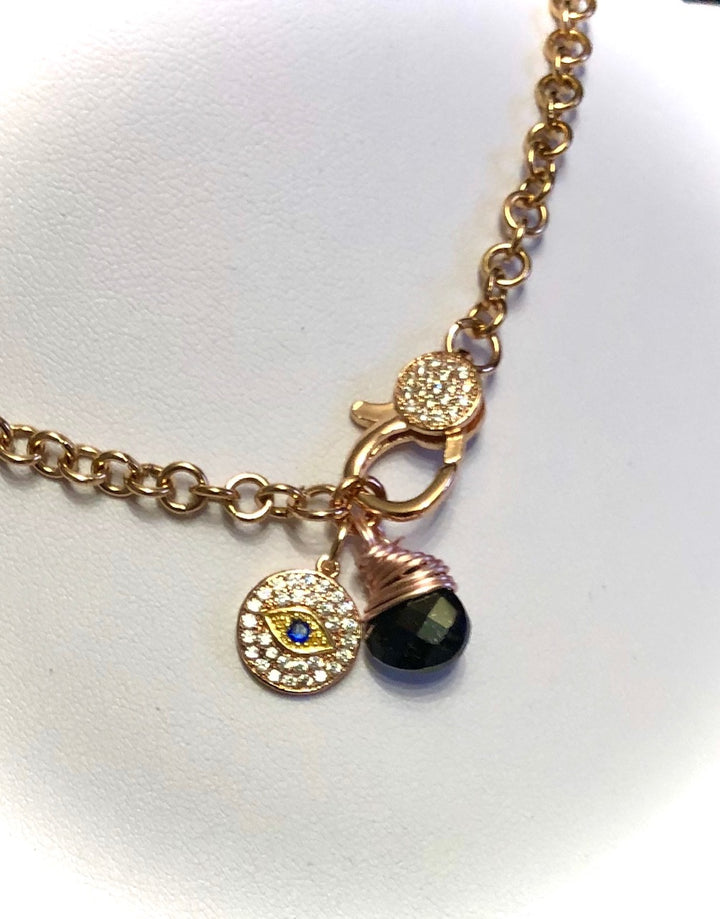 ROSE GOLD PAVÉ LOBSTER CLASP NECKLACE-EVIL EYE PROTECTION-Circle Link Chain - Stainless Steel Chain - Black Tourmaline