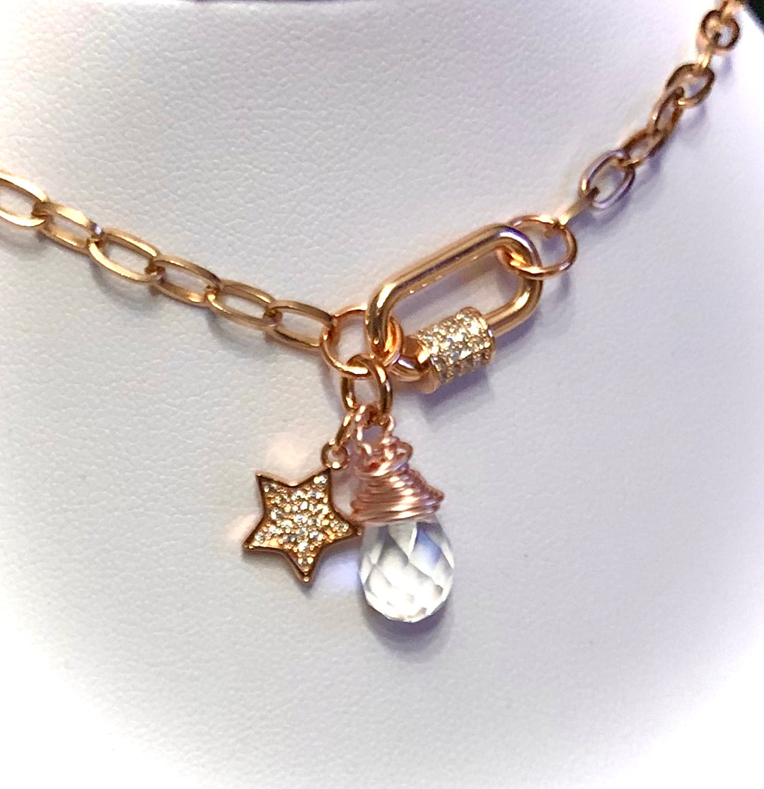 ROSE GOLD PAVÉ CARABINER CLASP NECKLACE - Oval Link Chain - Screw Clasp Closure-Stainless Steel