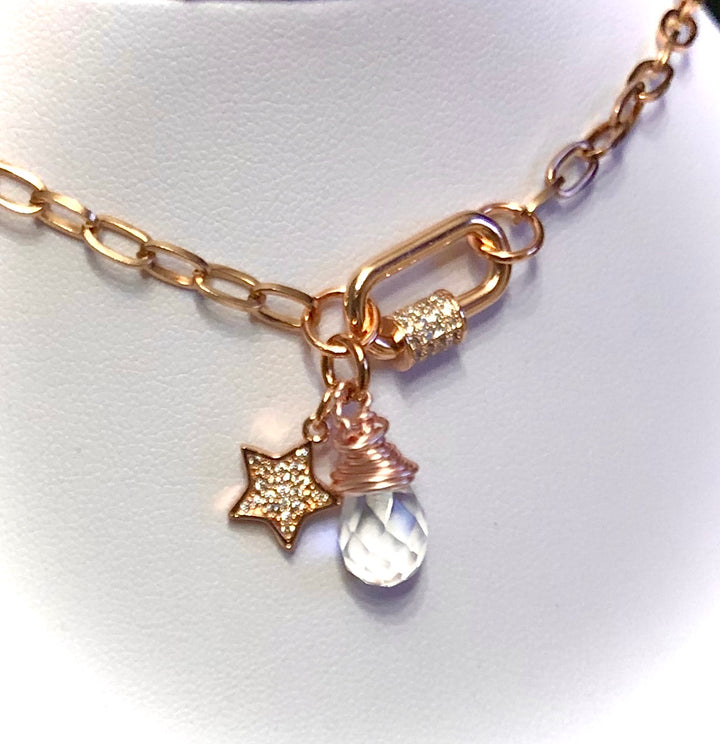 ROSE GOLD PAVÉ CARABINER CLASP NECKLACE - Oval Link Chain - Screw Clasp Closure-Stainless Steel