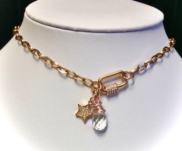 ROSE GOLD PAVÉ CARABINER CLASP NECKLACE - Oval Link Chain - Screw Clasp Closure-Stainless Steel