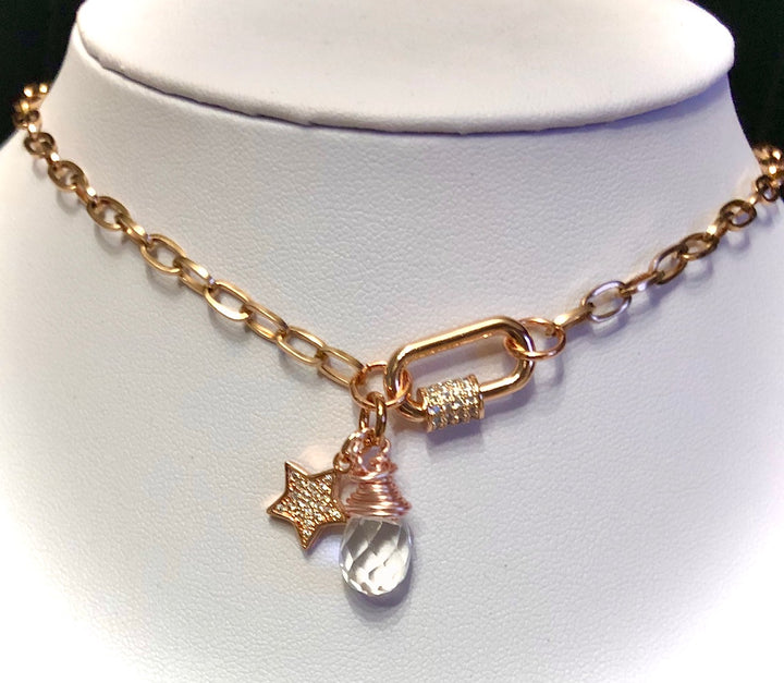 ROSE GOLD PAVÉ CARABINER CLASP NECKLACE - Oval Link Chain - Screw Clasp Closure-Stainless Steel