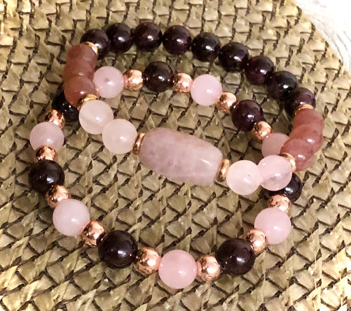 'Love & Ombré' - Garnet, Strawberry Quartz, Hematite & Rose Quartz-Focal Bracelet-Rose Gold-Available Individually or as a Set