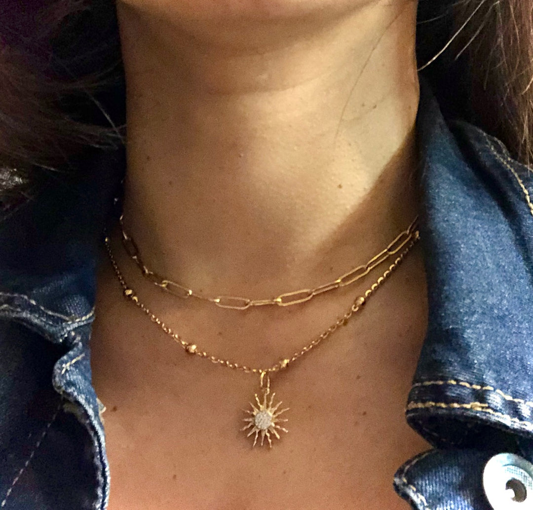 GOLD Stainless Steel Layering Necklaces / Paperclip Chain-Satellite Chain-Pavé Sun/ Queen Bee/ Star/ Heart- Sold Separately or as a SET