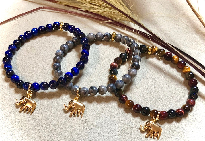 LUCKY GOLDEN ELEPHANT- Gemstone Charm Bracelet-Choice of Gemstone