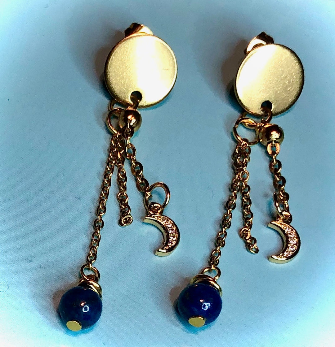 Gold Pavé MOON-Stainless Steel Dangle Earrings-Lapis Lazuli Drop Earrings