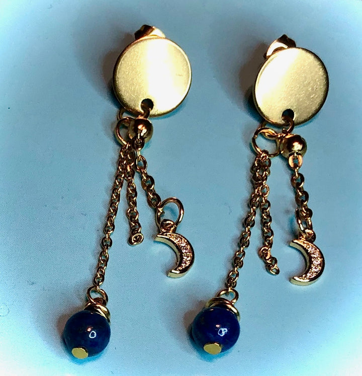 Gold Pavé MOON-Stainless Steel Dangle Earrings-Lapis Lazuli Drop Earrings