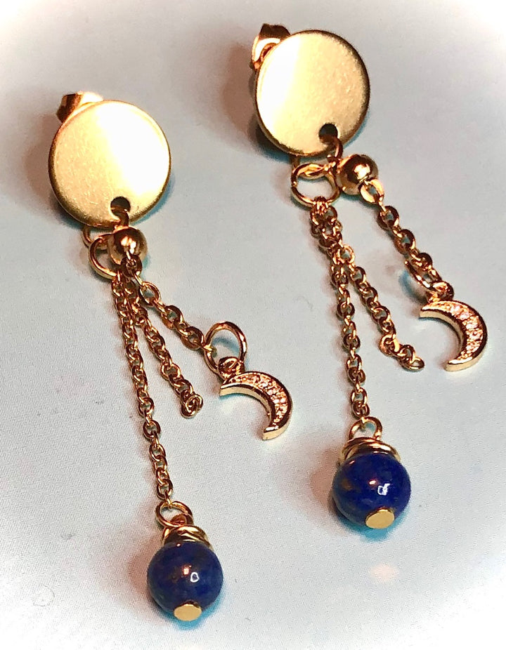 Gold Pavé MOON-Stainless Steel Dangle Earrings-Lapis Lazuli Drop Earrings