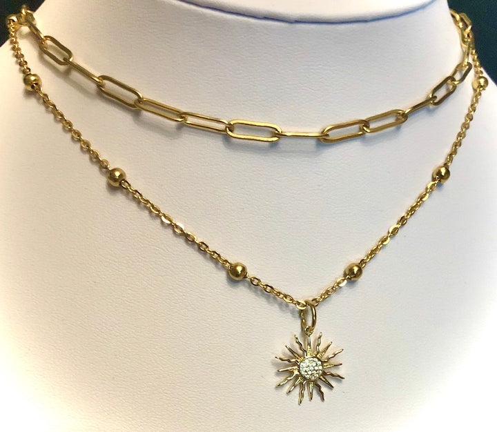GOLD Stainless Steel Layering Necklaces / Paperclip Chain-Satellite Chain-Pavé Sun/ Queen Bee/ Star/ Heart- Sold Separately or as a SET
