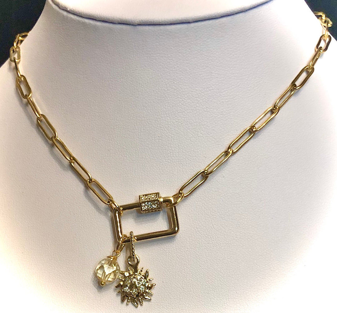 GOLD SUN- PAVÉ RECTANGLE CARABINER CHAIN & CITRINE NECKLACE - Stainless Steel Paperclip Chain- Oval Link Necklace