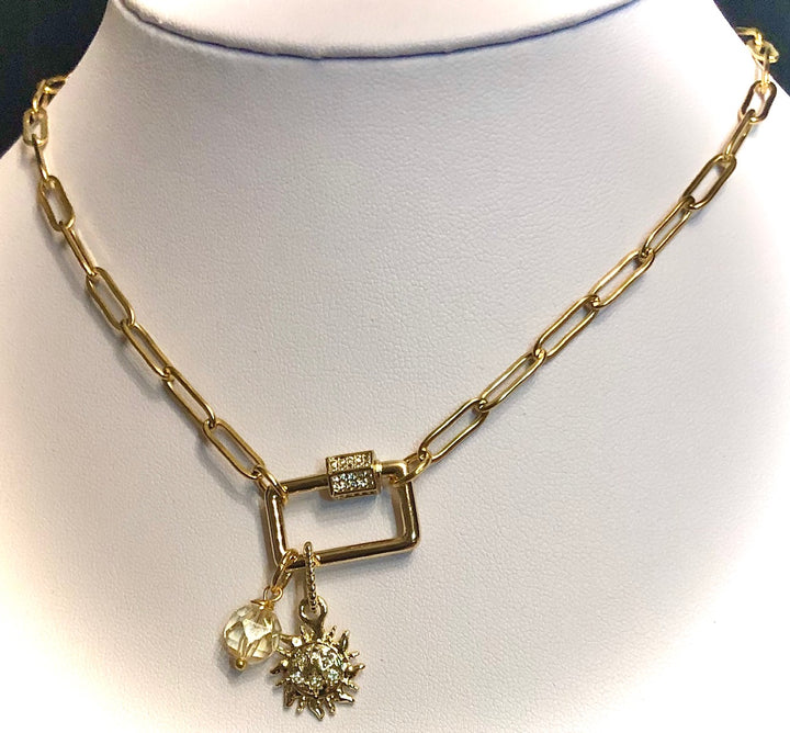 GOLD SUN- PAVÉ RECTANGLE CARABINER CHAIN & CITRINE NECKLACE - Stainless Steel Paperclip Chain- Oval Link Necklace