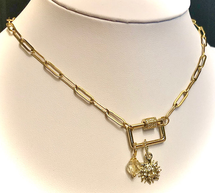 GOLD SUN- PAVÉ RECTANGLE CARABINER CHAIN & CITRINE NECKLACE - Stainless Steel Paperclip Chain- Oval Link Necklace