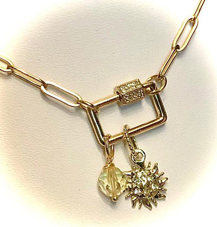 GOLD SUN- PAVÉ RECTANGLE CARABINER CHAIN & CITRINE NECKLACE - Stainless Steel Paperclip Chain- Oval Link Necklace