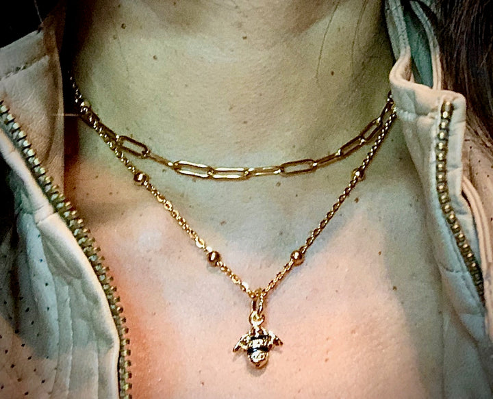GOLD Stainless Steel Layering Necklaces / Paperclip Chain-Satellite Chain-Pavé Sun/ Queen Bee/ Star/ Heart- Sold Separately or as a SET