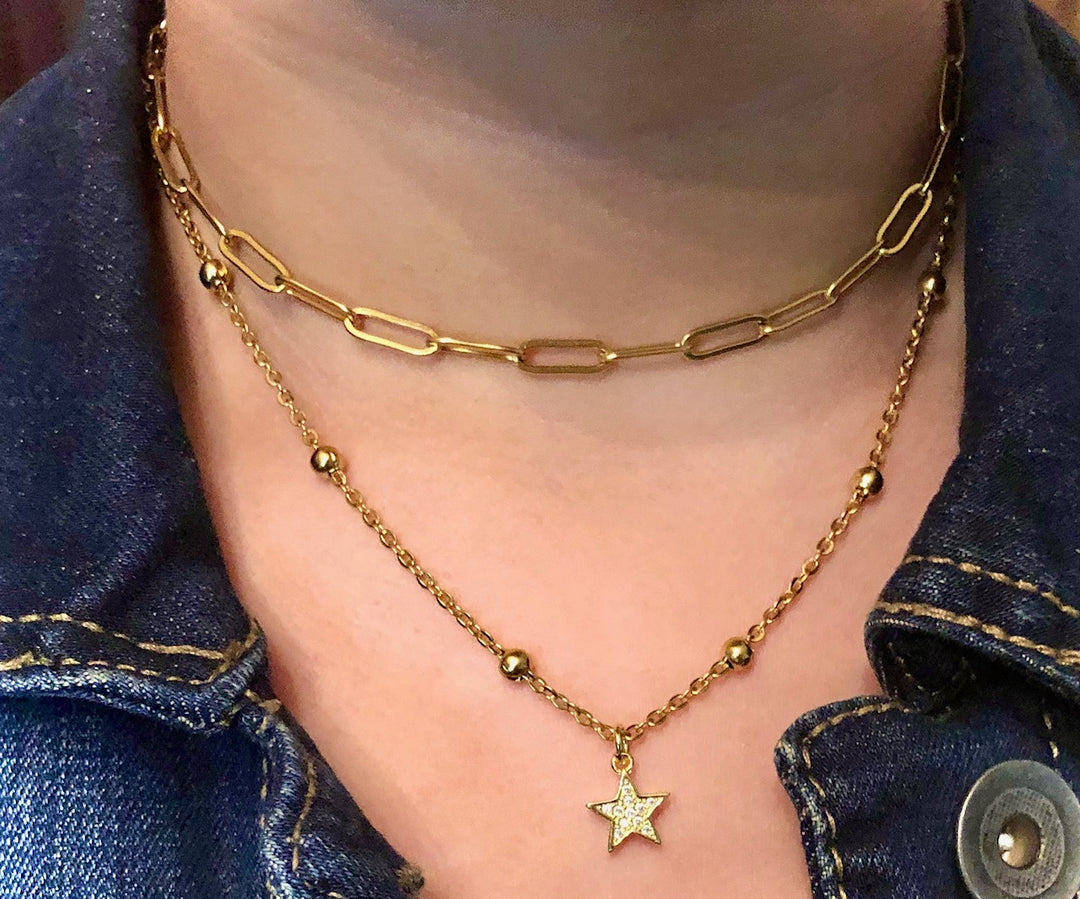 GOLD Stainless Steel Layering Necklaces / Paperclip Chain-Satellite Chain-Pavé Sun/ Queen Bee/ Star/ Heart- Sold Separately or as a SET