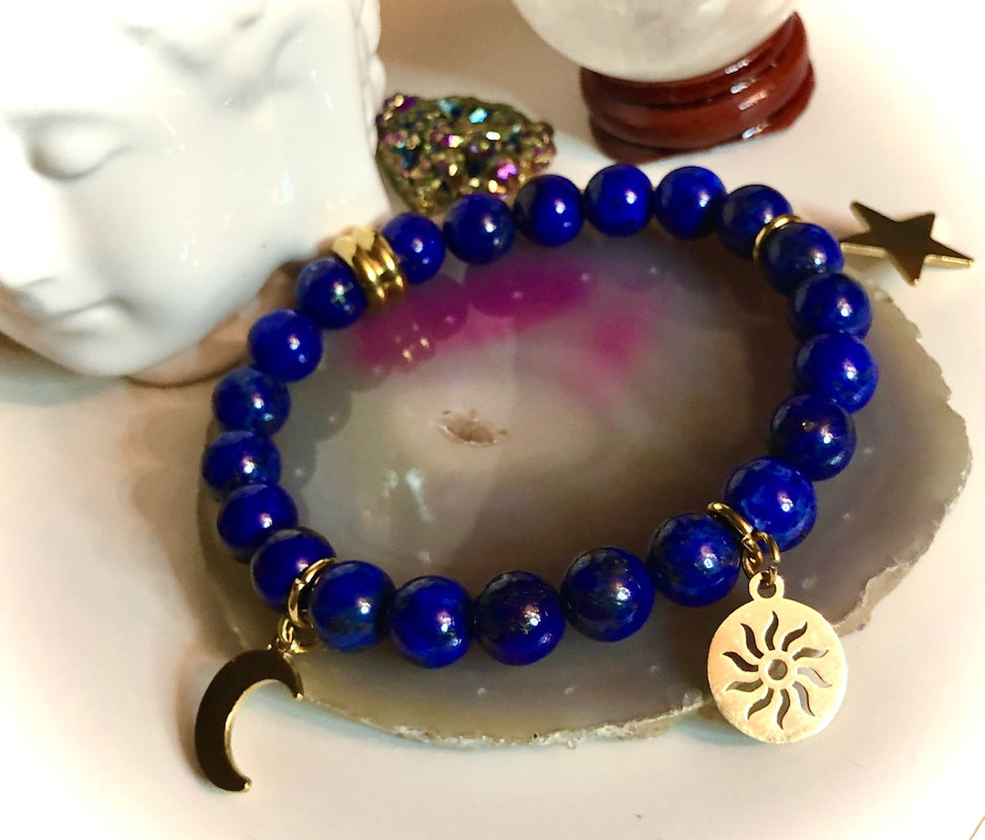 SUN, MOON & STARS Celestial Gemstone Bracelet-Gold Stainless Steel- Choice of Gemstone