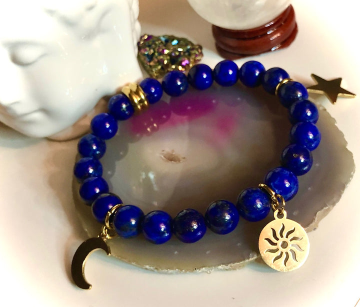 SUN, MOON & STARS Celestial Gemstone Bracelet-Gold Stainless Steel- Choice of Gemstone