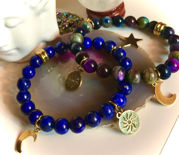 SUN, MOON & STARS Celestial Gemstone Bracelet-Gold Stainless Steel- Choice of Gemstone