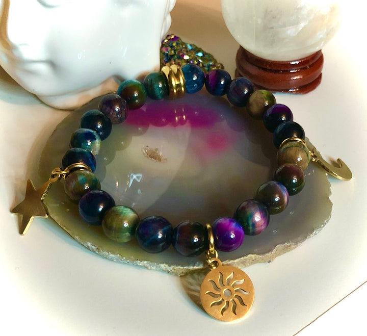 SUN, MOON & STARS Celestial Gemstone Bracelet-Gold Stainless Steel- Choice of Gemstone