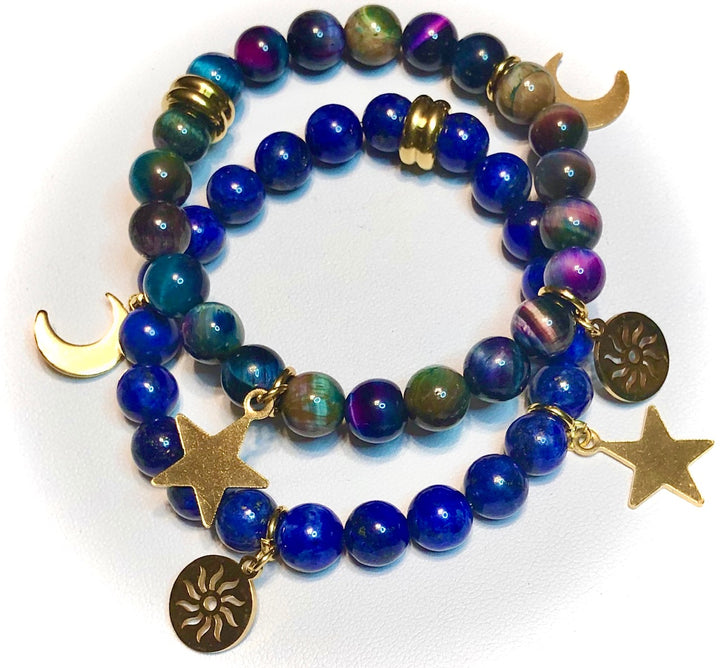 SUN, MOON & STARS Celestial Gemstone Bracelet-Gold Stainless Steel- Choice of Gemstone
