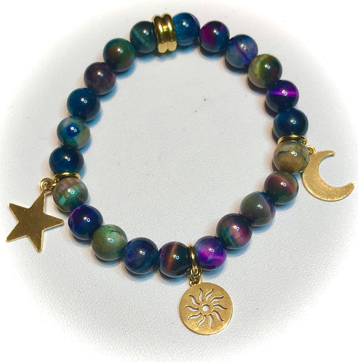 SUN, MOON & STARS Celestial Gemstone Bracelet-Gold Stainless Steel- Choice of Gemstone