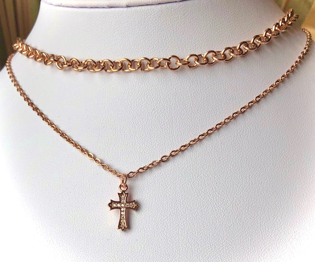 Minimalist ROSE GOLD PAVÉ CROSS Layering Necklace-Circle Link Layering Necklace-Sold Separately or as a SET