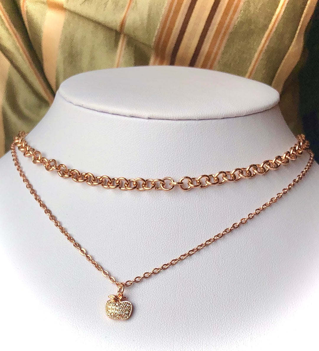 Minimalist ROSE GOLD PAVÉ APPLE Charm Layering Necklace-Circle Link Layering Necklace-Teacher Gift-Sold Separately or as a SET