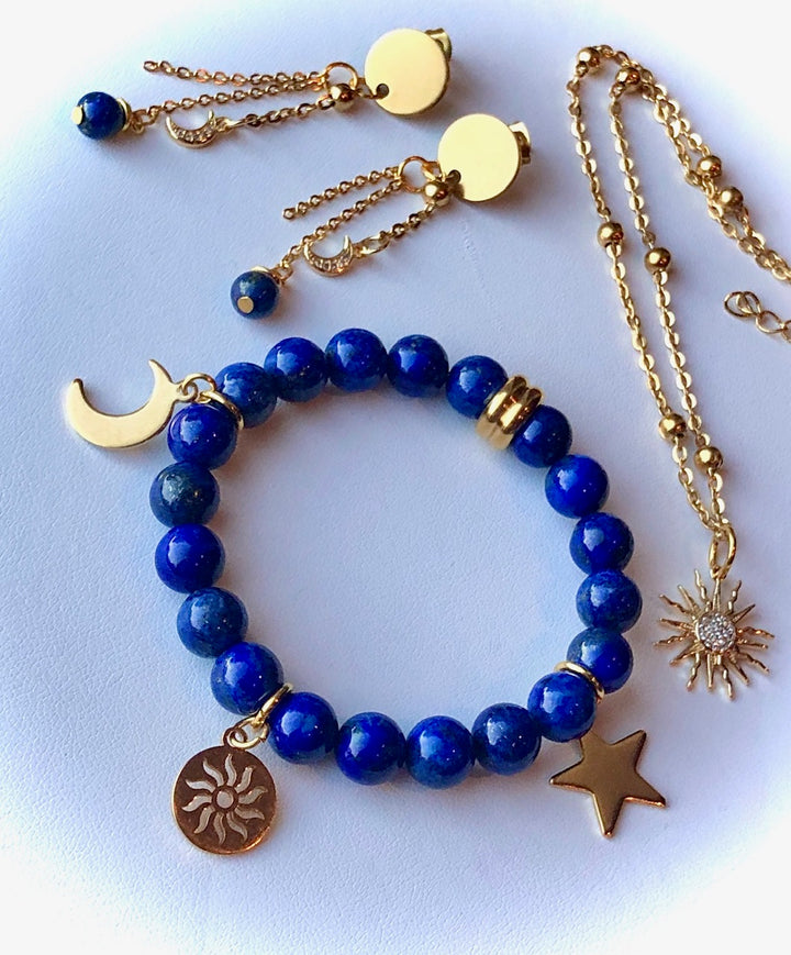 GOLD Celestial Stainless Steel & Gemstone Set-Earrings/Necklace/Bracelet SET-Lapis Lazuli-Sold as a SET or Separately