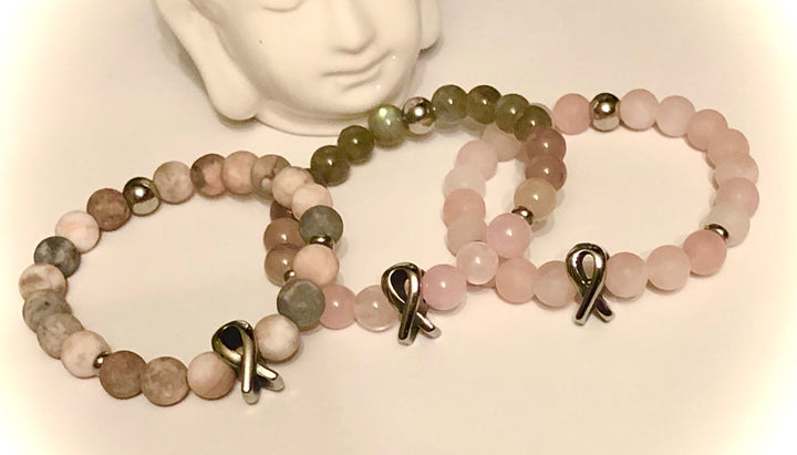 Breast Cancer Awareness- Stainless Steel Ribbon- Gemstone Bracelet- Choice of Style