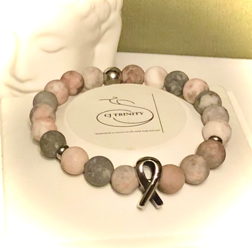 Breast Cancer Awareness- Stainless Steel Ribbon- Gemstone Bracelet- Choice of Style
