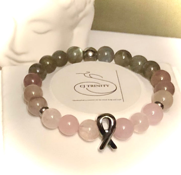 Breast Cancer Awareness- Stainless Steel Ribbon- Gemstone Bracelet- Choice of Style