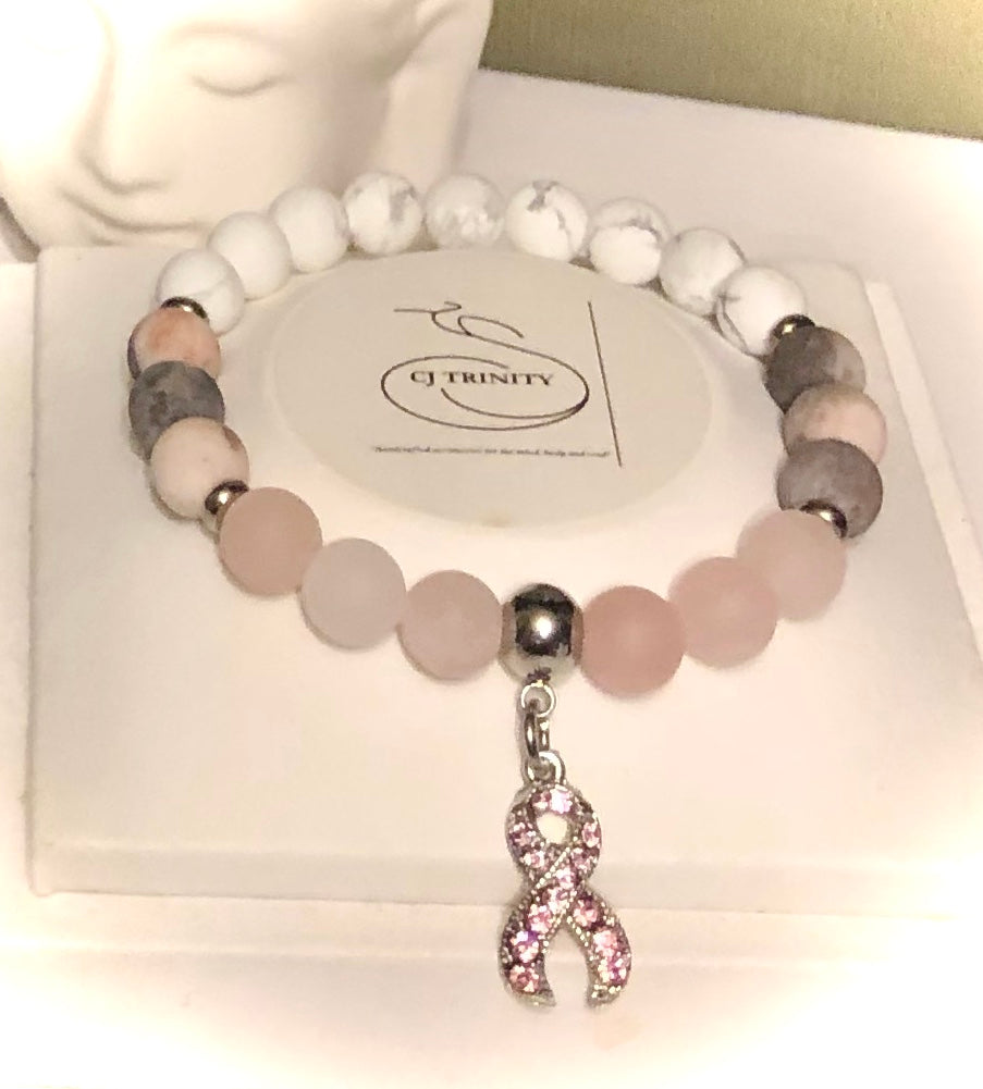 Pavé PINK RIBBON-Breast Cancer Awareness-Gemstone Charm Bracelet- Choice of style