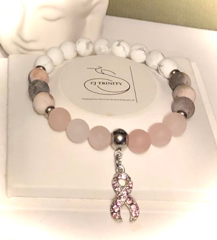 Pavé PINK RIBBON-Breast Cancer Awareness-Gemstone Charm Bracelet- Choice of style