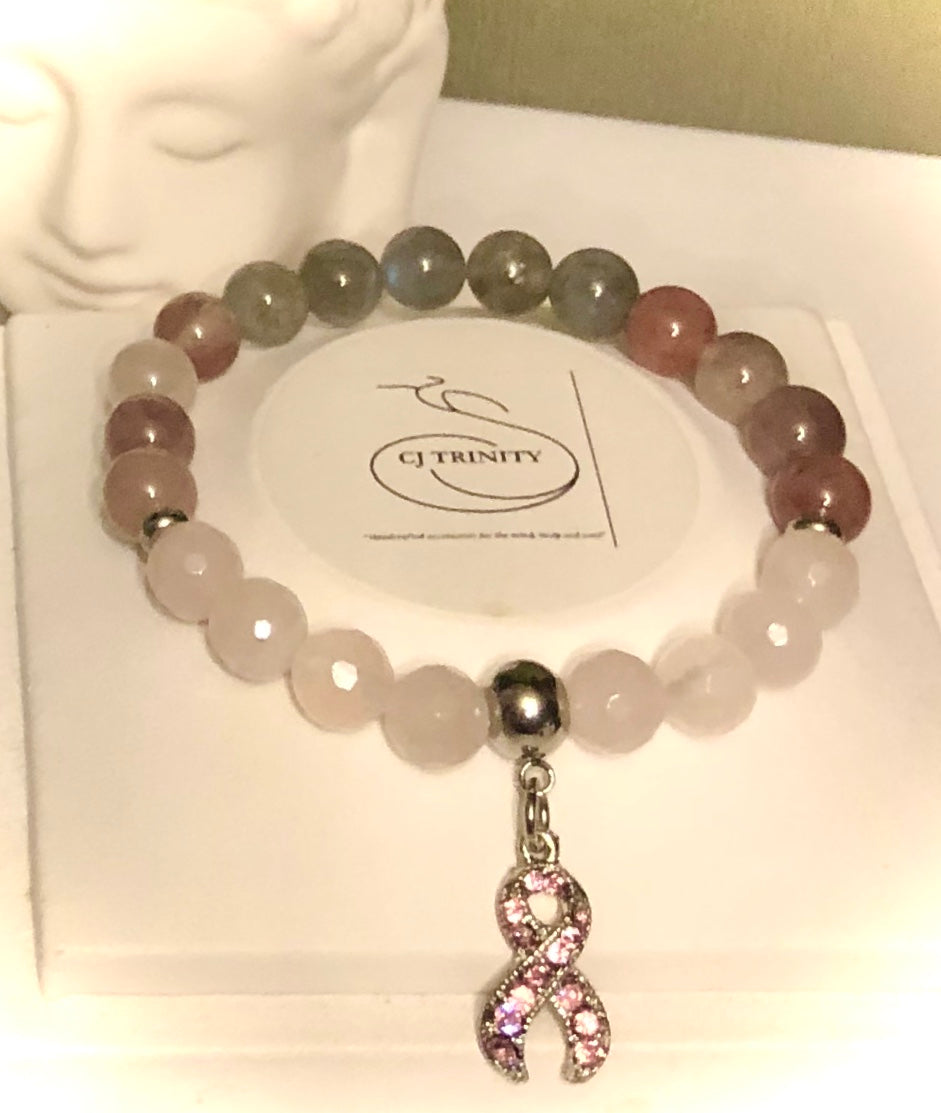 Pavé PINK RIBBON-Breast Cancer Awareness-Gemstone Charm Bracelet- Choice of style