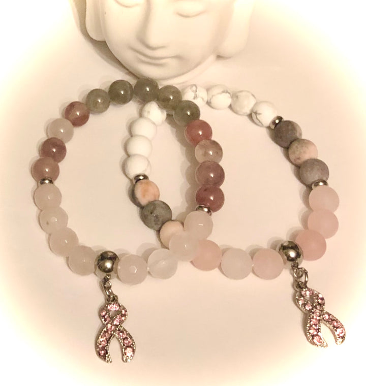 Pavé PINK RIBBON-Breast Cancer Awareness-Gemstone Charm Bracelet- Choice of style